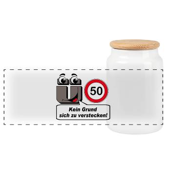 50th Birthday , Over 50 No Reason to Hide - Panoramic Cookie Jar with Wooden Lid - white - Front