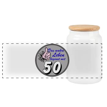 50th Birthday, Real Life - Panoramic Cookie Jar with Wooden Lid - white - Front