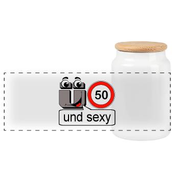 50th birthday, over 50 and sexy - Panoramic Cookie Jar with Wooden Lid - white - Front