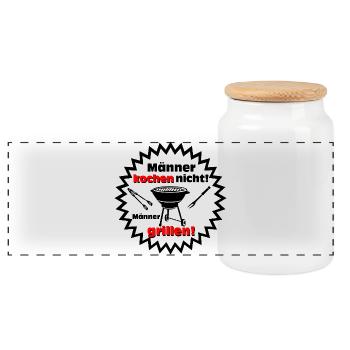 Männer grillen – Koch mit Humor - Panorama Keksdose mit Holzdeckel - Weiß - Vorne