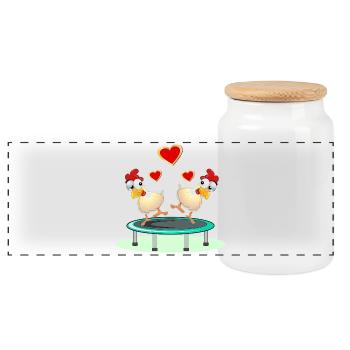 Chickens Pairs JUMPING TRAMPOLINE - Panoramic Cookie Jar with Wooden Lid - white - Front