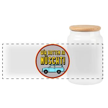 We had yes nüscht - GDR cult saying, monza man - Panoramic Cookie Jar with Wooden Lid - white - Front