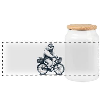 Bicycle Bicycle Bear Sunglasses Hat Gift - Panoramic Cookie Jar with Wooden Lid - white - Front
