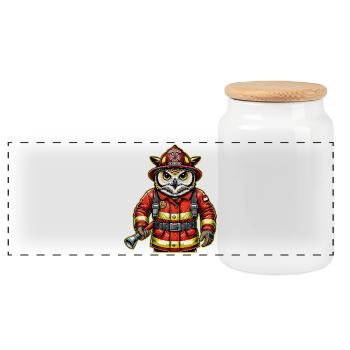 Fire Brigade Owl – Courage Meets Wisdom - Panoramic Cookie Jar with Wooden Lid - white - Front