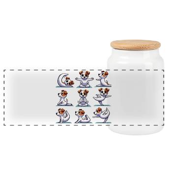 Jack Russell Terrier Yoga – Lustiges Hunde Design - Panorama Keksdose mit Holzdeckel - Weiß - Vorne