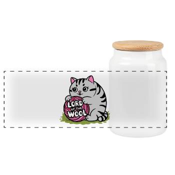 Eine kleine Katze mit Wollknäuel - Panorama Keksdose mit Holzdeckel - Weiß - Vorne