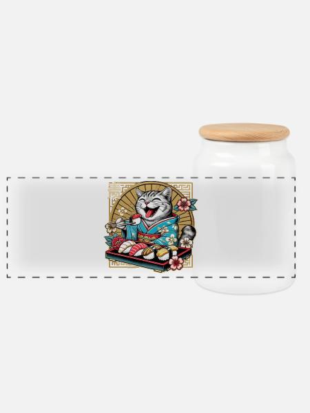 Sushi Katze getigert Kimono Maki Nigiri Geschenk - Panorama Keksdose mit Holzdeckel - Weiß