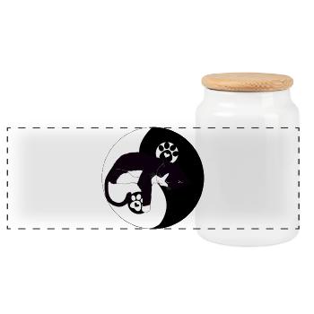 Nighttime Cat on Moon with Paws - Panoramic Cookie Jar with Wooden Lid - white - Front
