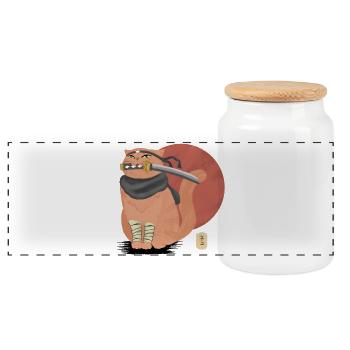 Samurai Cat with Katana - Panoramic Cookie Jar with Wooden Lid - white - Front