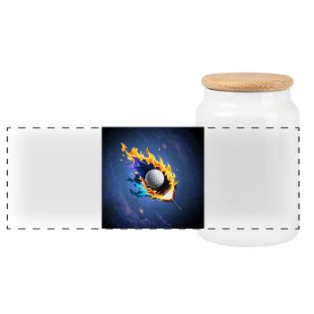 Flaming Intensity: The golf ball in action. - Panoramic Cookie Jar with Wooden Lid - white - Front