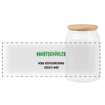 Haubtschühler – Kreative Rechtschreibung - Panorama Keksdose mit Holzdeckel - Weiß - Vorne