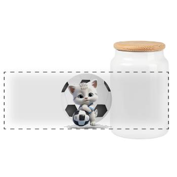 Mascotte chaton avec ballon de football - Boîte à biscuits avec couvercle en bois - blanc - Devant