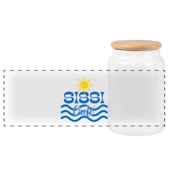 Sonne und Wellen Sissi Kreta Logo - Panorama Keksdose mit Holzdeckel - Weiß - Vorne