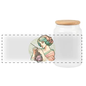 Knitting Woman Art Nouveau Gift - Panoramic Cookie Jar with Wooden Lid - white - Front