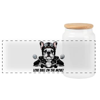 Biker Bulldogge "Love Ball": Originelles Design - Panorama Keksdose mit Holzdeckel - Weiß - Vorne