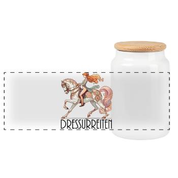 Dressurreiten Reiten Pferd edel dynamisch Geschenk - Panorama Keksdose mit Holzdeckel - Weiß - Vorne