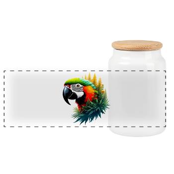Colorful Macaw and Jungle: Exotic and Vibrant Design - Panoramic Cookie Jar with Wooden Lid - white - Front