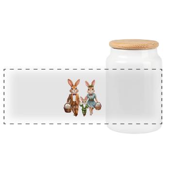 Family of Bunnies on Easter Egg Hunt - Panoramic Cookie Jar with Wooden Lid - white - Front