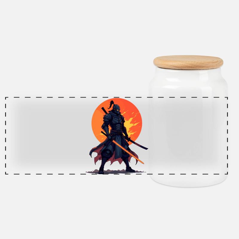 Dark Ninja Warrior with Fiery Blade - Panoramic Cookie Jar with Wooden Lid - white