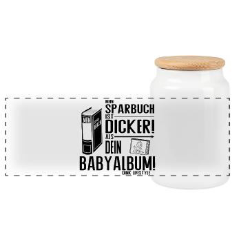 Sparbuch statt Babyalbum – DINK Lifestyle Humor - Panorama Keksdose mit Holzdeckel - Weiß - Vorne