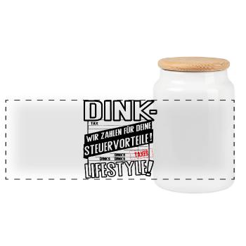 DINK Lifestyle – Wir zahlen für deine Steuervortei - Panorama Keksdose mit Holzdeckel - Weiß - Vorne