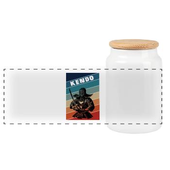 Vintage Kendo Samurai - Panoramic Cookie Jar with Wooden Lid - white - Front