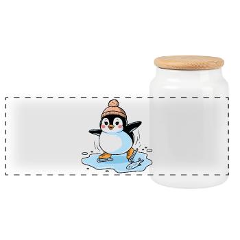 Schlittschuh-Pinguin - Panorama Keksdose mit Holzdeckel - Weiß - Vorne