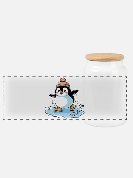 Schlittschuh-Pinguin - Panorama Keksdose mit Holzdeckel - Weiß