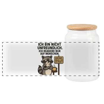 Raccoon saying: contact avoidance - Panoramic Cookie Jar with Wooden Lid - white - Front