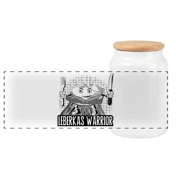 Leberkas Warrior – Brotzeit mit Biss. - Panorama Keksdose mit Holzdeckel - Weiß - Vorne