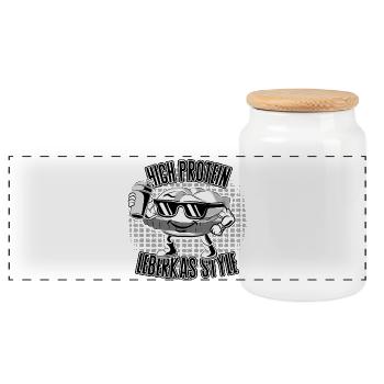 High Protein – Leberkas Style Gym Humor - Panorama Keksdose mit Holzdeckel - Weiß - Vorne