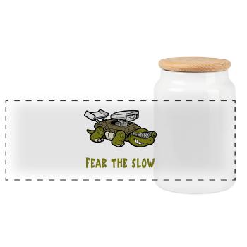 Fear of slowness turtle - Panoramic Cookie Jar with Wooden Lid - white - Front