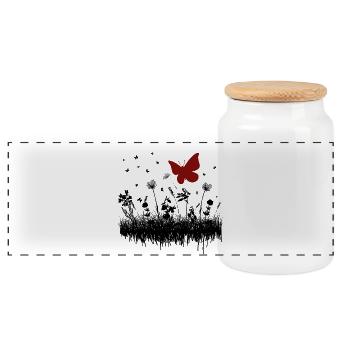 Butterfly drawing with floral accent - Panoramic Cookie Jar with Wooden Lid - white - Front