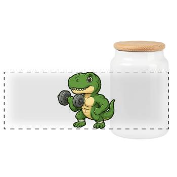 Süßer Dino T-Rex Workout Fitness Cartoon - Panorama Keksdose mit Holzdeckel - Weiß - Vorne