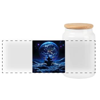 Drummer on the Moon in front of Earth In Space - Panoramic Cookie Jar with Wooden Lid - white - Front