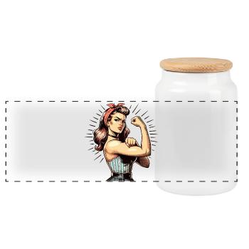 Starke Frau zeigt Stärke Rockabilly Style Geschenk - Panorama Keksdose mit Holzdeckel - Weiß - Vorne