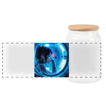 N-dless Nights: Cyberpunk girl in stasis chamber - Panoramic Cookie Jar with Wooden Lid - white - Front