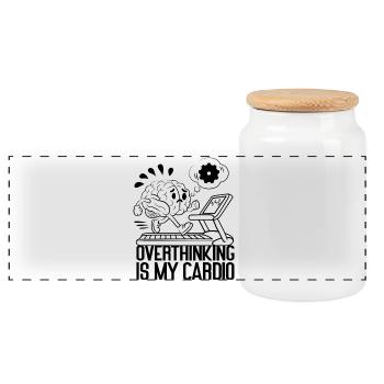 Overthinking Is My Cardio – Mental Load Humor - Panoramic Cookie Jar with Wooden Lid - white - Front