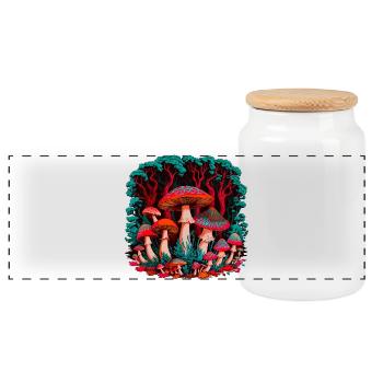 Imaginative mushroom world in the forest - Panoramic Cookie Jar with Wooden Lid - white - Front