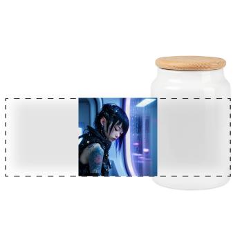 N-dless Nights: Cyberpunk girl after a mission - Panoramic Cookie Jar with Wooden Lid - white - Front