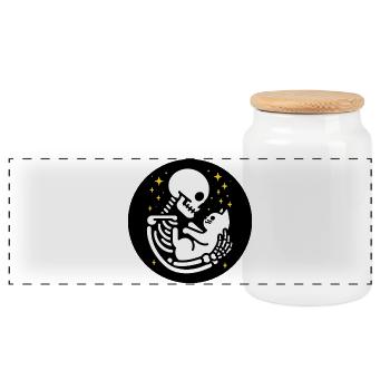Skeleton with cat - Panoramic Cookie Jar with Wooden Lid - white - Front