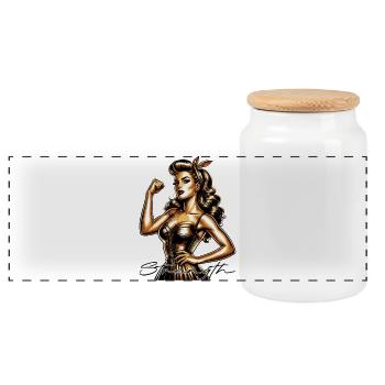 Strength Strong Woman Rockabilly Style Gold Gift - Panoramic Cookie Jar with Wooden Lid - white - Front