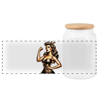 Strong Woman Golden Rockabilly Style Gold Gift - Panoramic Cookie Jar with Wooden Lid - white - Front