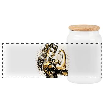 Strength Strong Woman Rockabilly Style Gold Gift - Panoramic Cookie Jar with Wooden Lid - white - Front