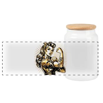 Strong Woman GRL PWR Rockabilly Gold Gift - Panoramic Cookie Jar with Wooden Lid - white - Front