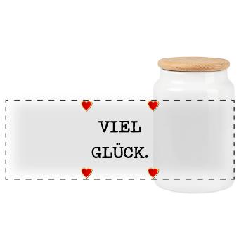 HERZ GLÜCKWÜNSCHE VIEL GLÜCK - Panorama Keksdose mit Holzdeckel - Weiß - Vorne