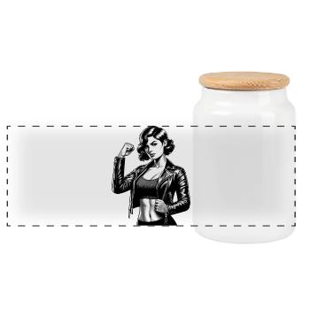 Strong Cool Woman Rockabilly Leather Jacket Gift - Panoramic Cookie Jar with Wooden Lid - white - Front