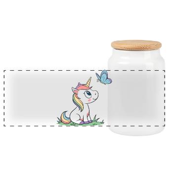 Süßes neugieriges Baby Einhorn und Schmetterling Magazin v01 - Panorama Keksdose mit Holzdeckel - Weiß - Vorne