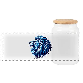 Löwe brüllt blaue Akzente geometrisch Geschenk - Panorama Keksdose mit Holzdeckel - Weiß - Vorne