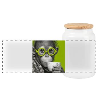 Monkey with coffee and glasses in green - Panoramic Cookie Jar with Wooden Lid - white - Front